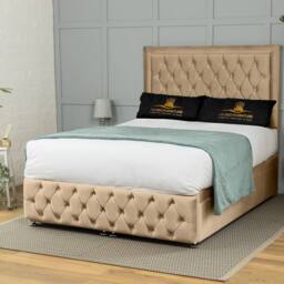 UK Bed Furniture Kingston End Lift Divan Ottoman Bed with 54 Inch Tall Headboard in Beige - Size: Double - thumbnail 2