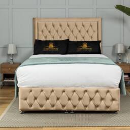 UK Bed Furniture Kingston End Lift Divan Ottoman Bed with 54 Inch Tall Headboard in Beige - Size: Double