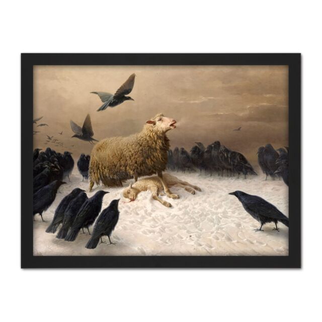 "Artery8 Wall Art Print Schenck Anguish Sheep Ewe Crows Carrion Painting Large Framed Wall Décor Art in Light Oak - Size: W18"" x H24""" - image 1