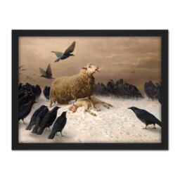 "Artery8 Wall Art Print Schenck Anguish Sheep Ewe Crows Carrion Painting Large Framed Wall Décor Art in Light Oak - Size: W18"" x H24""" - thumbnail 1