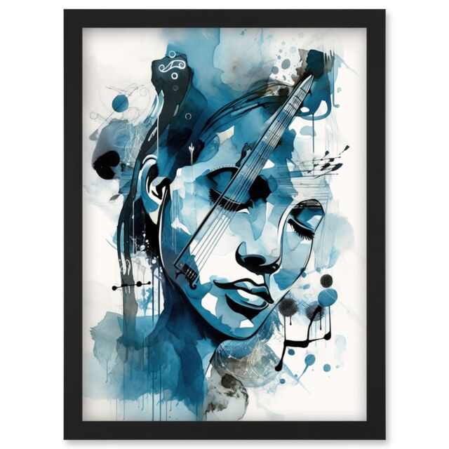 Artery8 Melody Muse a Musician's Vision in Midnight Blue Modern Watercolour Painting Artwork Framed Wall Art Print A4 in Black - image 1