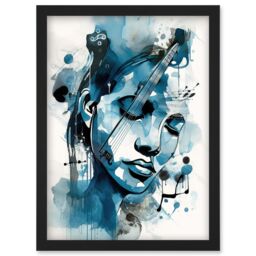 Artery8 Melody Muse a Musician's Vision in Midnight Blue Modern Watercolour Painting Artwork Framed Wall Art Print A4 in Black - thumbnail 1