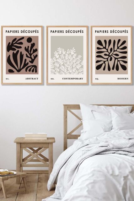 ARTZE Set of 3 Oak Framed Matisse Style Floral Cut Out Brown & Black Wall Art in Chocolate - Size: W33 cm x H45 cm x D20mm - image 1