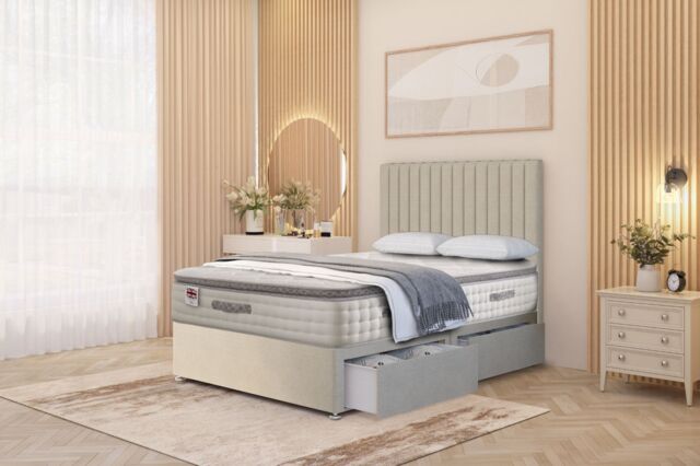 "Somnior Eleanor Tweed 2 Drawer Divan Bed Set with Pillowtop & 54"" Headboard in Natural - Size: King" - image 1