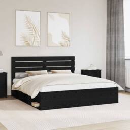 Berkfield Home Bed Frame with Headboard Black 200 x 200 cm Solid Pine Wood - thumbnail 1