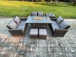 Fimous High Back Rattan Garden Furniture Sofa Sets with Outdoor Furniture Gas Firepit Dining Table Set Side Table 2 Small Footstools in Dark Grey - thumbnail 1