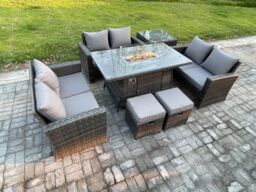 Fimous High Back Rattan Garden Furniture Sofa Sets with Outdoor Furniture Gas Firepit Dining Table Set Side Table 2 Small Footstools in Dark Grey - thumbnail 2