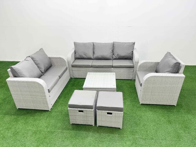 Fimous Patio PE Wicker 8 Seater Outdoor Rattan Furniture Sofa Sets w/ Square Coffee Table Reclining Chair Loveseat Sofa 3 Seater Sofa Stool Light Grey - image 1