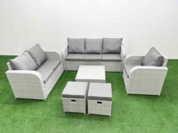 Fimous Patio PE Wicker 8 Seater Outdoor Rattan Furniture Sofa Sets w/ Square Coffee Table Reclining Chair Loveseat Sofa 3 Seater Sofa Stool Light Grey - thumbnail 1