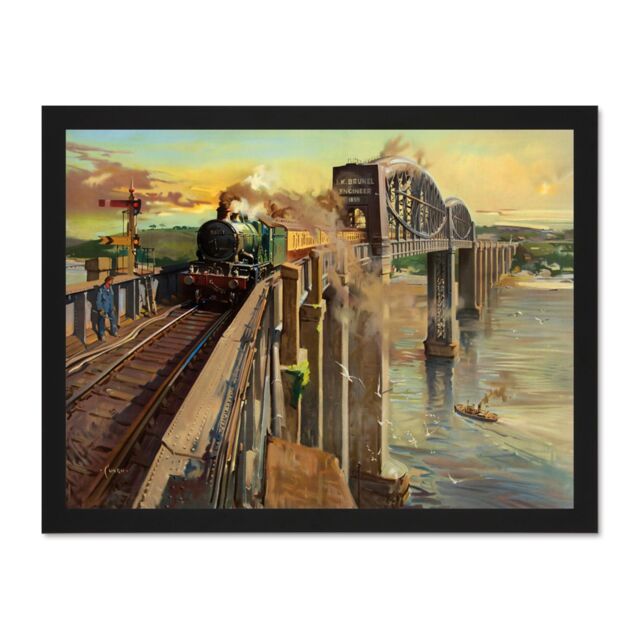 "Artery8 Wall Art Print Painting Royal Albert Bridge Saltash British Railways Art Large Framed Wall Décor Art in White - Size: W18"" x H24""" - image 1