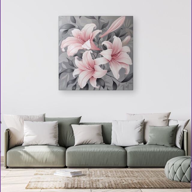 Warren Reed - Designer Pink Lilies On Grey Canvas - Size: w40 inch x h40 inch - image 1