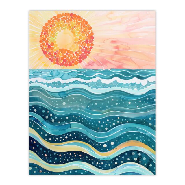 "Artery8 Sun Rising Over Sea Waves Blue Orange Folk Art Wall Art Print - Size: W18"" x H24""" - image 1