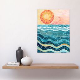 "Artery8 Sun Rising Over Sea Waves Blue Orange Folk Art Wall Art Print - Size: W18"" x H24""" - thumbnail 4