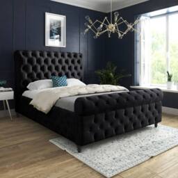 Casani Stenton Sleigh Upholstered Black Soft Velvet Designer Bed Frame - Size: Small Single - thumbnail 2