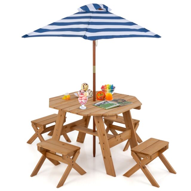 Costway Wooden Octagon Table Set Picnic Table & 4 Chairs with Umbrella in Natural - image 1