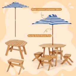 Costway Wooden Octagon Table Set Picnic Table & 4 Chairs with Umbrella in Natural - thumbnail 6
