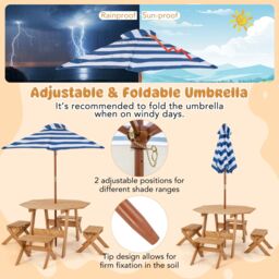 Costway Wooden Octagon Table Set Picnic Table & 4 Chairs with Umbrella in Natural - thumbnail 4