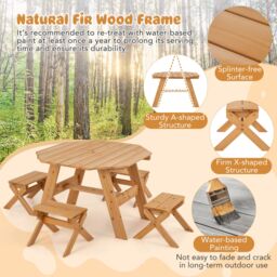Costway Wooden Octagon Table Set Picnic Table & 4 Chairs with Umbrella in Natural - thumbnail 5