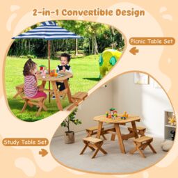 Costway Wooden Octagon Table Set Picnic Table & 4 Chairs with Umbrella in Natural - thumbnail 3