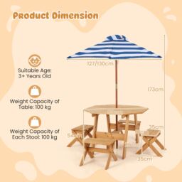 Costway Wooden Octagon Table Set Picnic Table & 4 Chairs with Umbrella in Natural - thumbnail 2