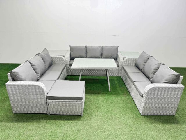 Fimous 10 Seat PE Rattan Garden Furniture with 2 Side Tables Big Stool in Light Grey - image 1