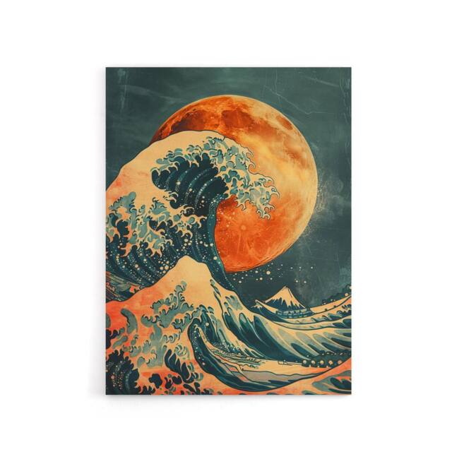 "Artery8 Full Moon Japanese Great Wave Canvas Wall Art Print in Orange - Size: W18"" x H24""" - image 1