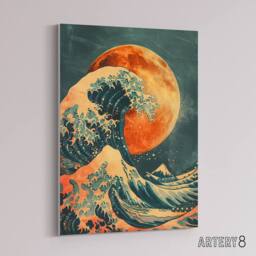 "Artery8 Full Moon Japanese Great Wave Canvas Wall Art Print in Orange - Size: W18"" x H24""" - thumbnail 2