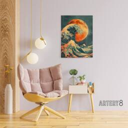 "Artery8 Full Moon Japanese Great Wave Canvas Wall Art Print in Orange - Size: W18"" x H24""" - thumbnail 3