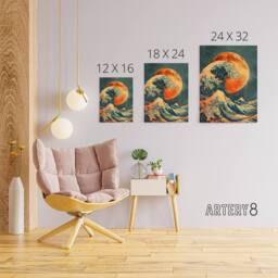 "Artery8 Full Moon Japanese Great Wave Canvas Wall Art Print in Orange - Size: W18"" x H24""" - thumbnail 4
