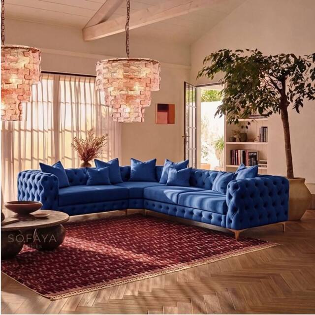 Sofaya Monaco 4 Seater Corner Sofa Chesterfield Velvet Left Hand Chaise in Blue - Size: 4 Person - image 1