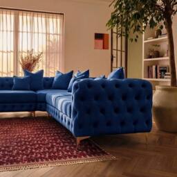 Sofaya Monaco 4 Seater Corner Sofa Chesterfield Velvet Left Hand Chaise in Blue - Size: 4 Person - thumbnail 4