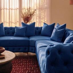 Sofaya Monaco 4 Seater Corner Sofa Chesterfield Velvet Left Hand Chaise in Blue - Size: 4 Person - thumbnail 2