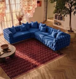 Sofaya Monaco 4 Seater Corner Sofa Chesterfield Velvet Left Hand Chaise in Blue - Size: 4 Person - thumbnail 3