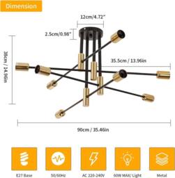 Goeco Industrial Ceiling Light, Chandelier Sputnik Vintage E27, for Bedroom in Black - thumbnail 5