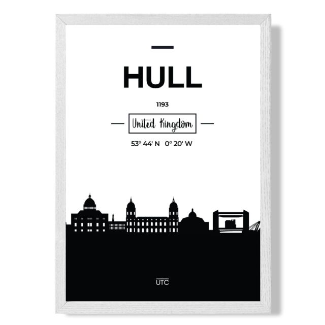 ARTZE Hull Black & White City Skyline Framed Print SIZE: A4 with White Frame - image 1
