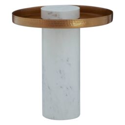 Orsina Boutique Style Side Table-White Marbled Table With Pole-like Base-Iron Round Table With Cylindrical Stand in White - thumbnail 2