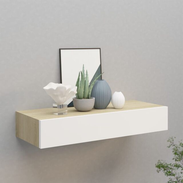Berkfield Home Wall-mounted Drawer Shelf Oak & White 60x23.5x10cm MDF in Brown - Size: 60x23.5x10 cm - image 1