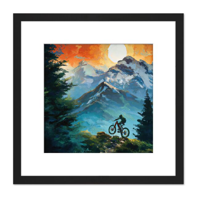 Artery8 Mountain Biker Cycle Forest Path Landscape at Sunset Oil Paint Square Wooden Framed Wall Art Print Picture 8X8 Inch in Black - image 1