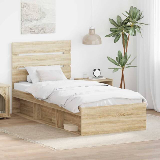 Berkfield Home Bed Frame with Headboard Sonoma Oak 75 x 190 cm Solid Pine Wood in Brown - image 1
