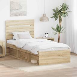 Berkfield Home Bed Frame with Headboard Sonoma Oak 75 x 190 cm Solid Pine Wood in Brown - thumbnail 1