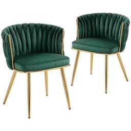 HOMCOM Upholstered Kitchen Chairs Set of 2 with Woven Backrest in Dark Green - Size: 2 Pack - thumbnail 2