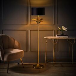 ValueLights Christina Velvet with Gold Inner Drum Shade Gold Palm Leaf Floor Lamp with Bulb in Black - thumbnail 3