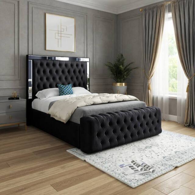 KDMD Wimborne Mirror Upholstered Black Soft Velvet Designer Bed Frame - Size: Single - image 1