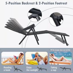 Costway 2Pcs Patio Foldable Chaise Lounge Chair Outdoor Portable Reclining Chair in Grey - thumbnail 6