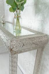 Downton Interiors Silver Embossed Metal Mirrored Glass Console Table - Agadir Range - thumbnail 4