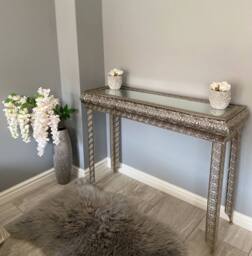Downton Interiors Silver Embossed Metal Mirrored Glass Console Table - Agadir Range