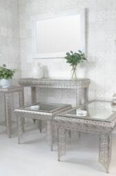 Downton Interiors Silver Embossed Metal Mirrored Glass Console Table - Agadir Range - thumbnail 3