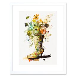 "Artery8 Wall Art Print Wildflower Bouquet in a High Heel Floral Boot Artwork Framed 9X7 Inch in White - Size: W7"" x H9""" - thumbnail 1