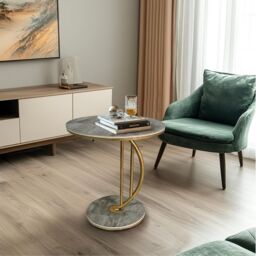 Hygrad Built to Survive C Shaped Half Moon Round Sintered Stone Slab/Metal End Coffee Sofa Bed Side Centre Table With Metal Legs (Grey/Gold) in Grey