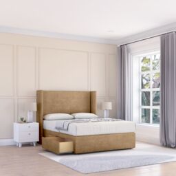 "Sloomy Devonshire Dumfries Wingback Bed Set, 2 Drawers & 54"" Floor Standing Headboard in Light Beige - Size: Super King" - thumbnail 1
